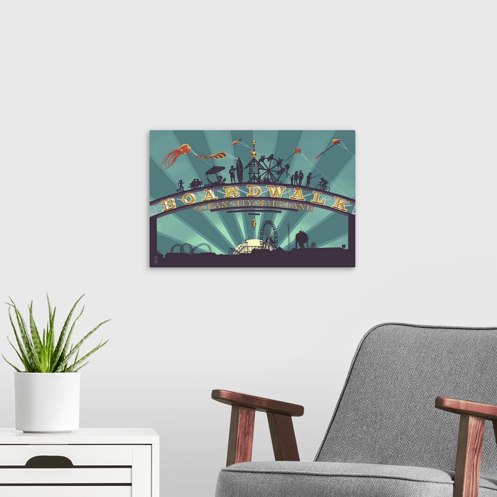 A modern room featuring Ocean City, Maryland - Boardwalk Sign: Retro Travel Poster