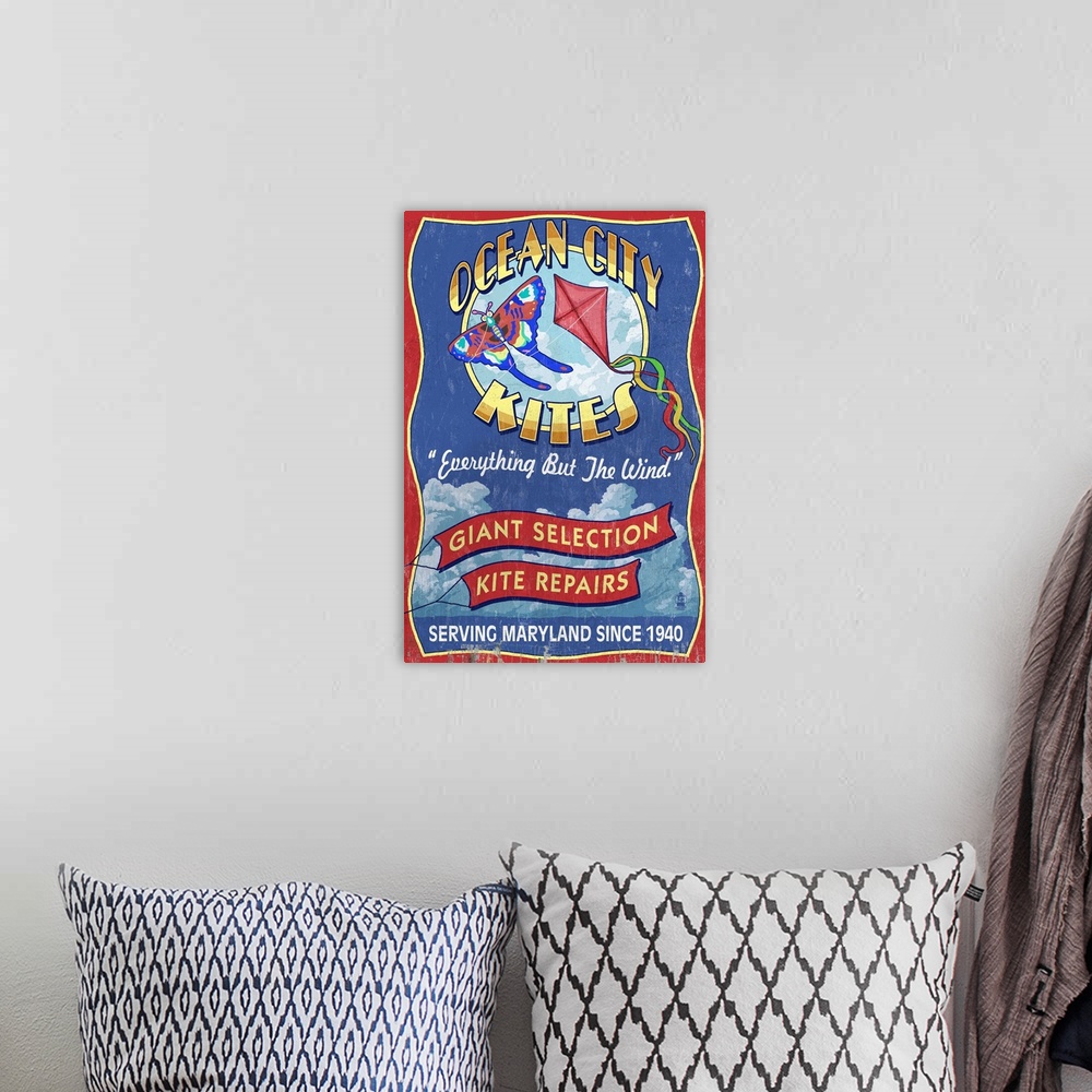 A bohemian room featuring Retro stylized art poster of a vintage sign, displaying soaring kites.