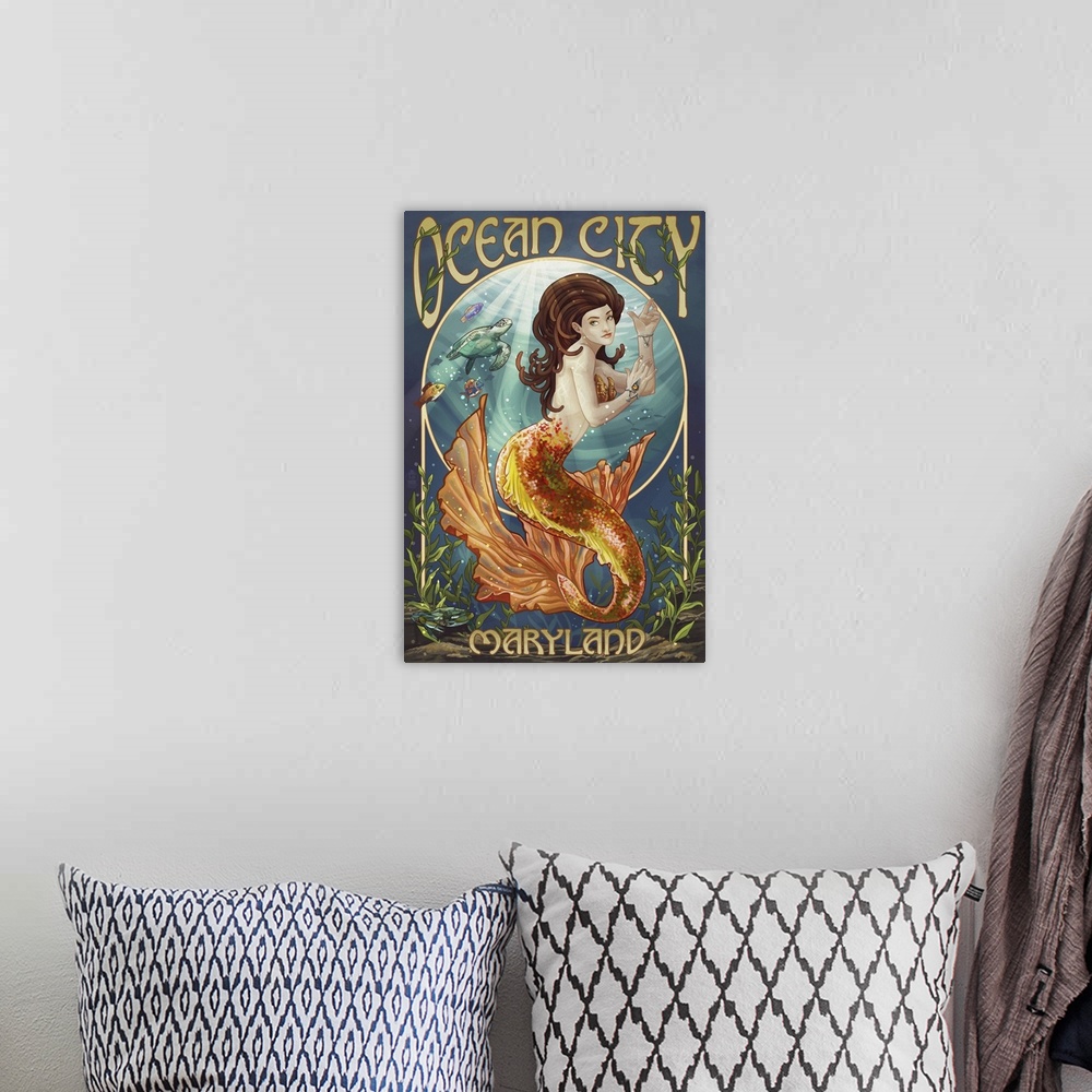 A bohemian room featuring Ocean City, Maryland - Mermaid: Retro Travel Poster