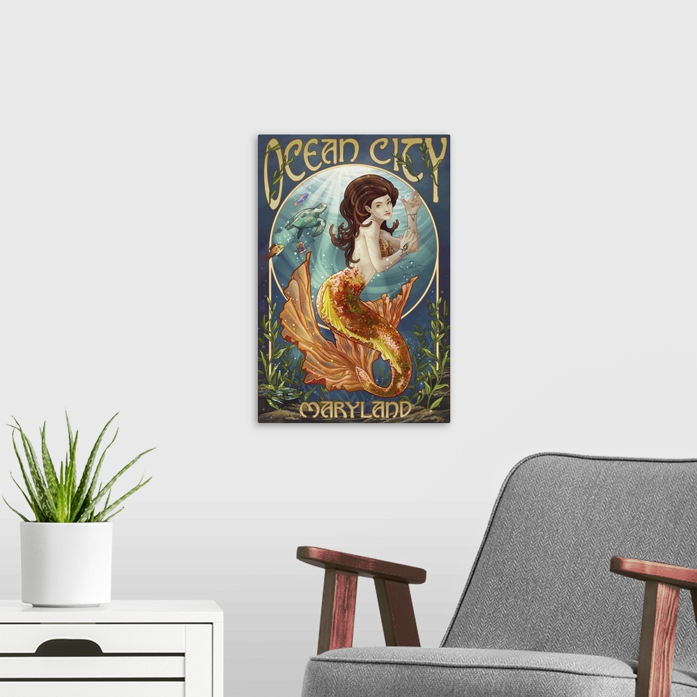 A modern room featuring Ocean City, Maryland - Mermaid: Retro Travel Poster