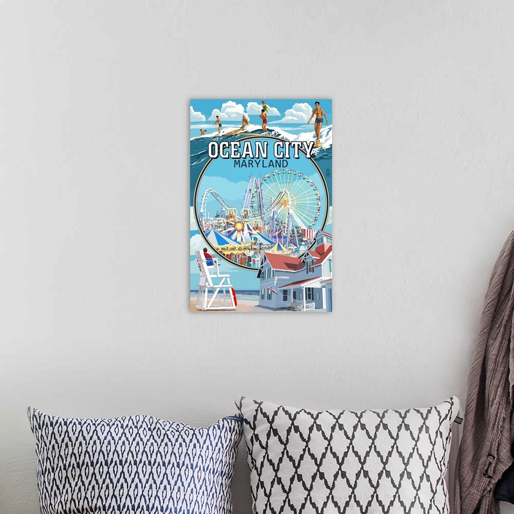 A bohemian room featuring Ocean City, Maryland - Montage Scenes: Retro Travel Poster