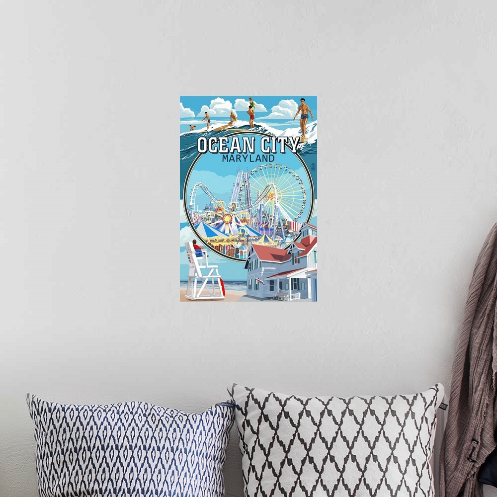 A bohemian room featuring Ocean City, Maryland - Montage Scenes: Retro Travel Poster