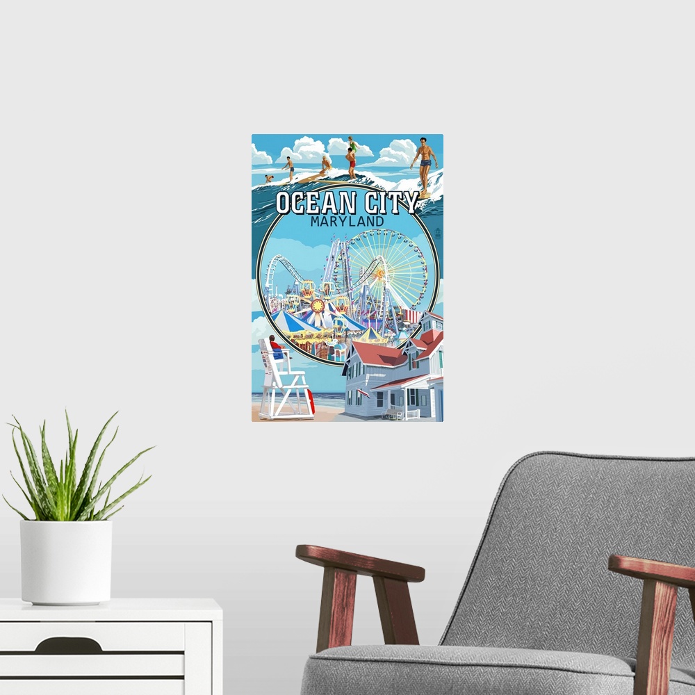 A modern room featuring Ocean City, Maryland - Montage Scenes: Retro Travel Poster