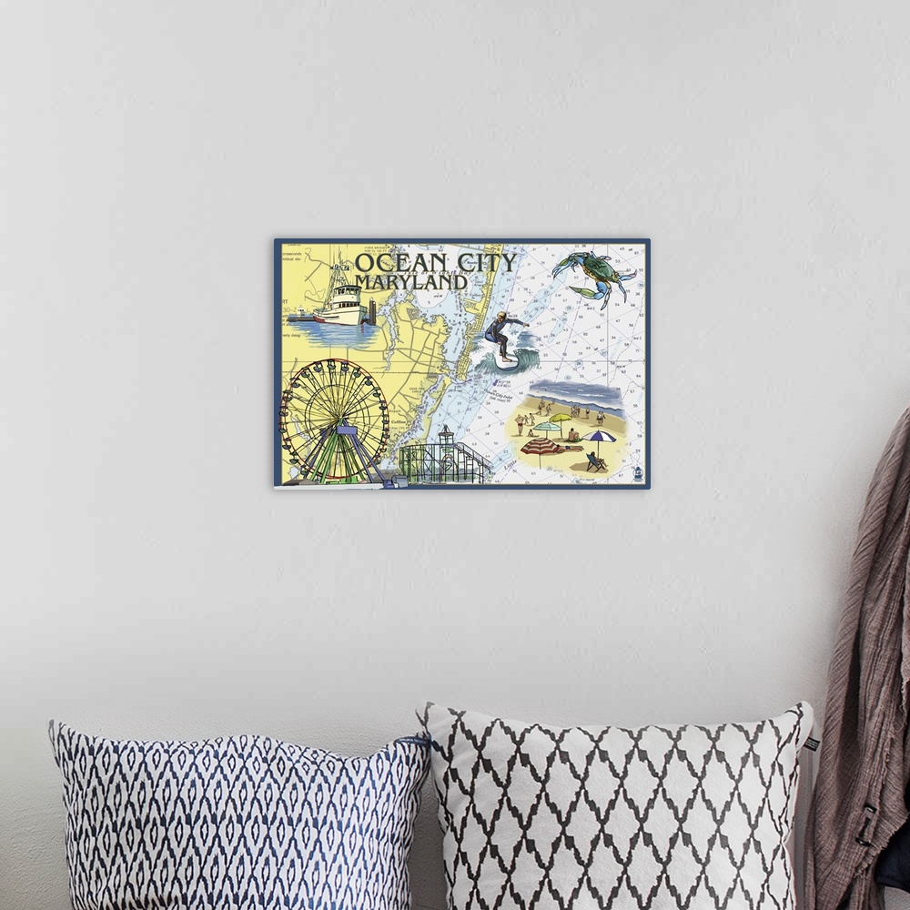 A bohemian room featuring Ocean City, Maryland - Nautical Chart: Retro Travel Poster