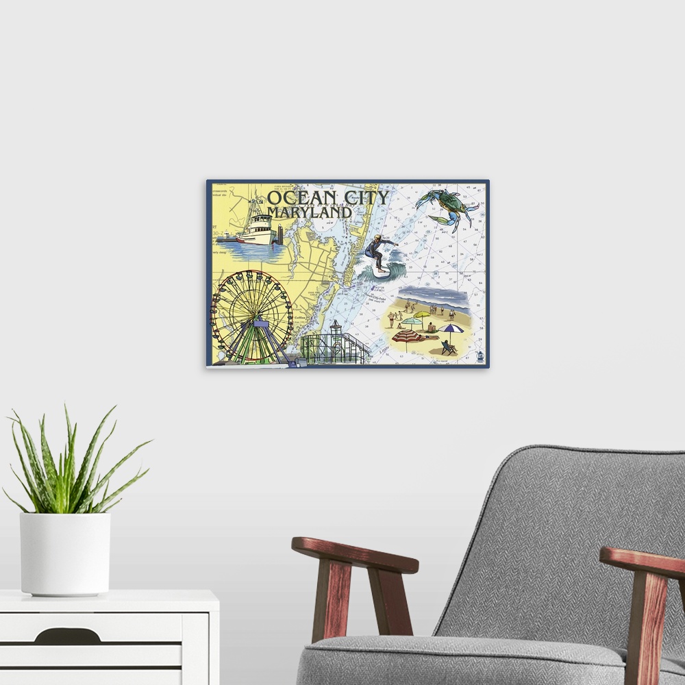 A modern room featuring Ocean City, Maryland - Nautical Chart: Retro Travel Poster