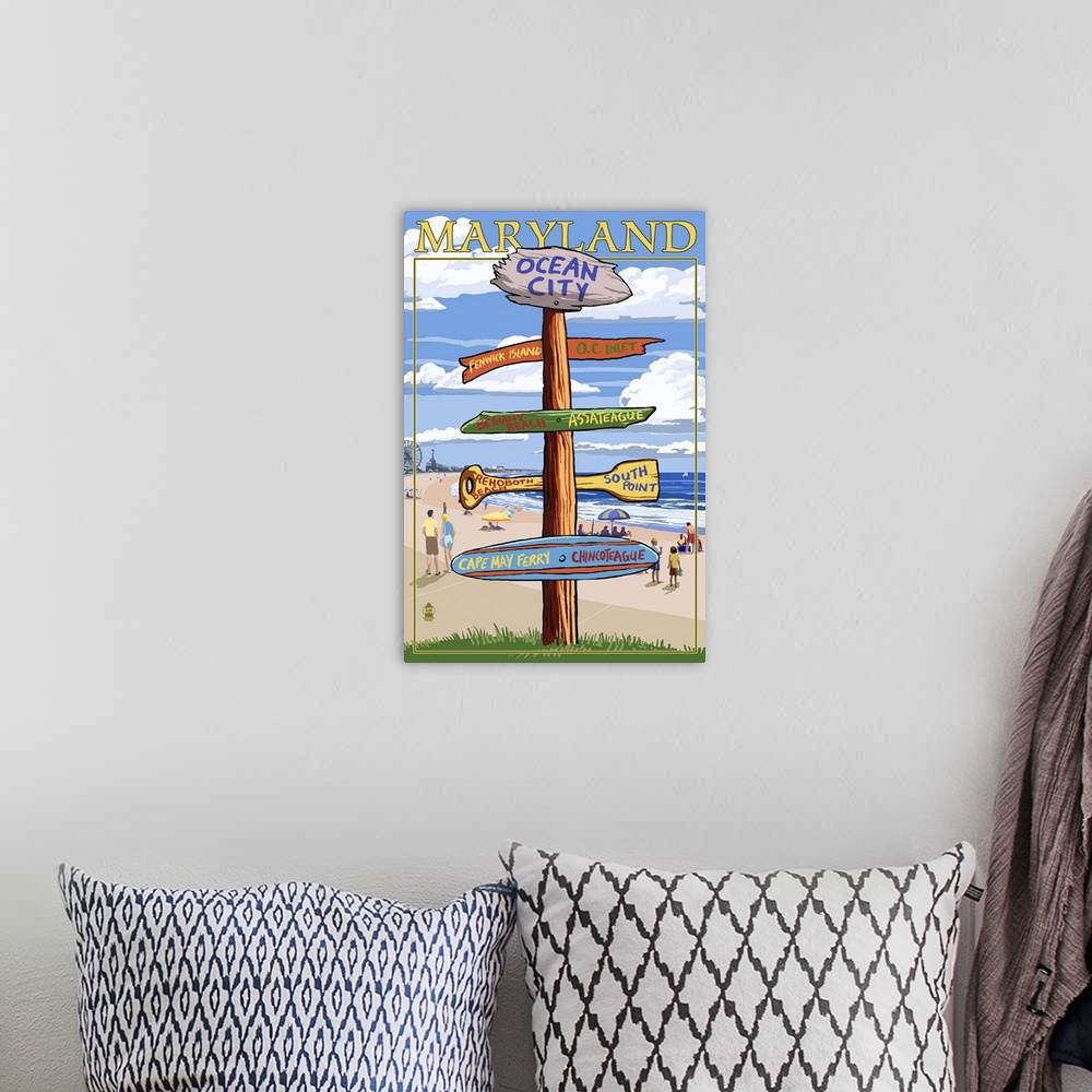A bohemian room featuring Retro stylized art poster of a sign post showing multiple directions.