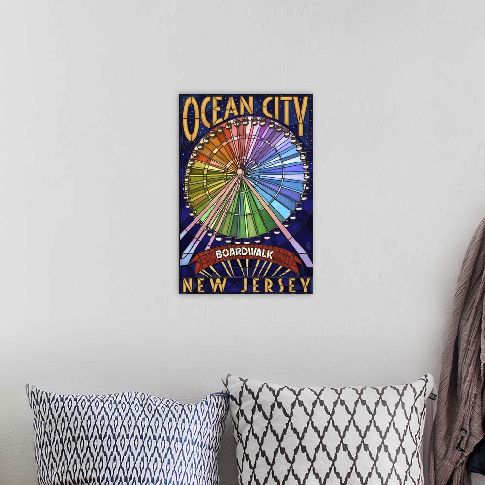 A bohemian room featuring Ocean City, New Jersey - Boardwalk Ferris Wheel: Retro Travel Poster