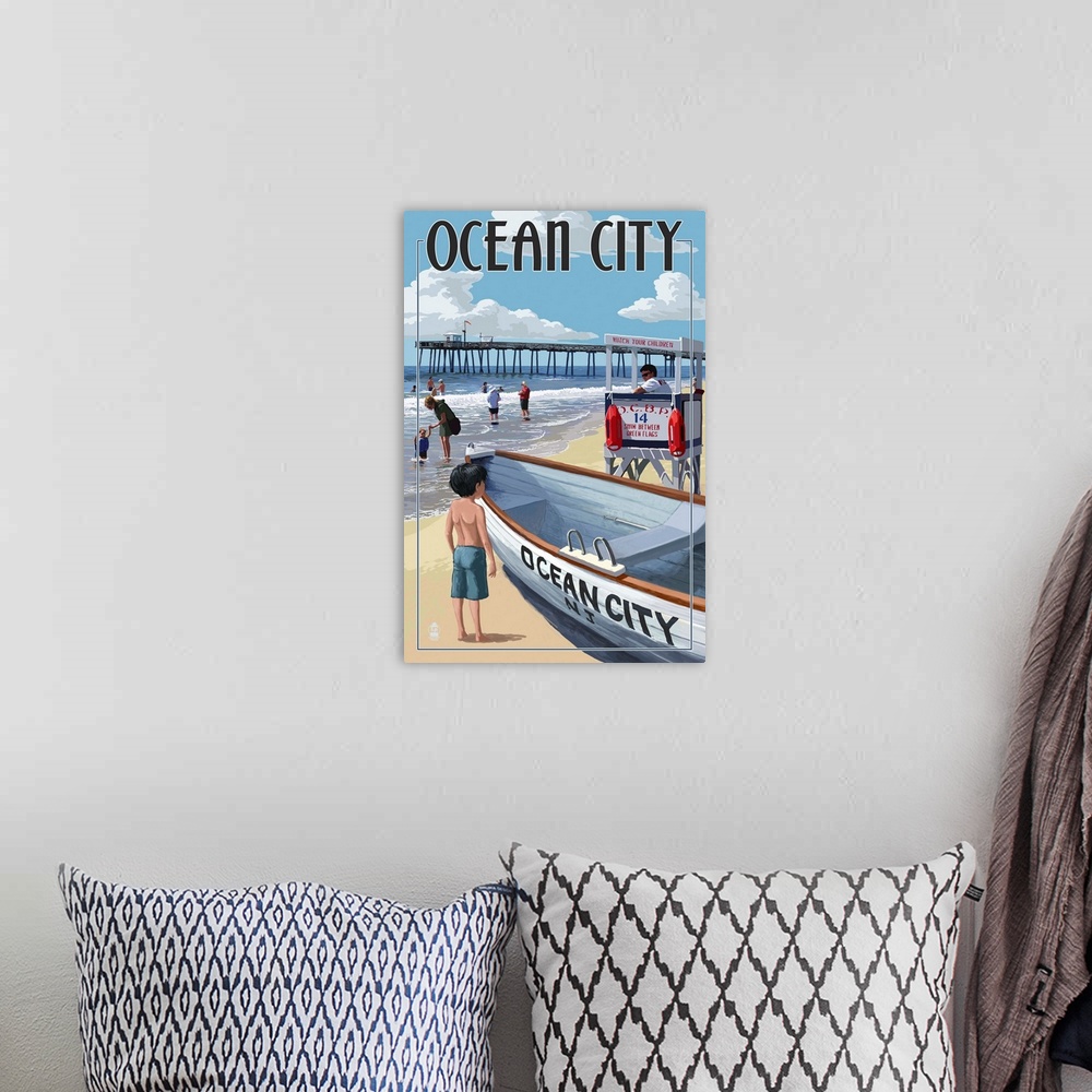 A bohemian room featuring Ocean City, New Jersey - Lifeguard Stand: Retro Travel Poster
