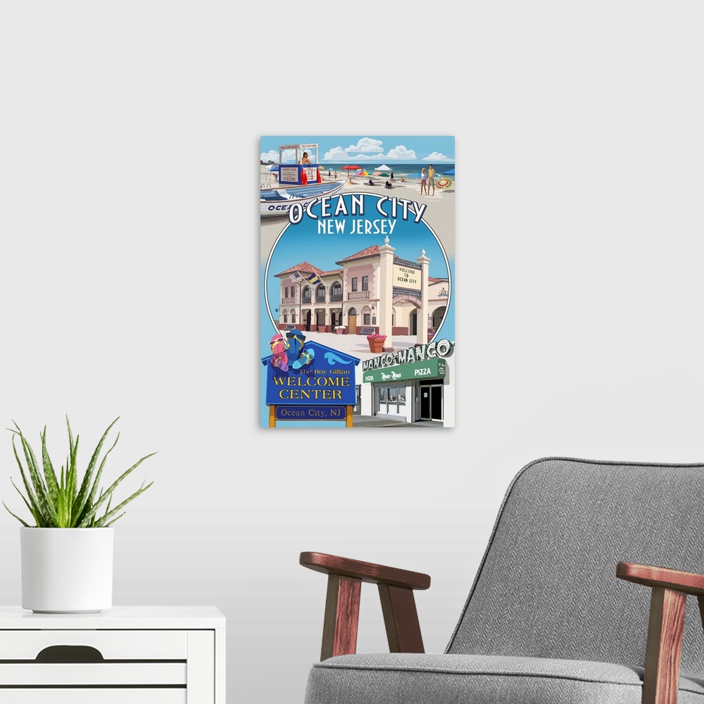 A modern room featuring Ocean City, New Jersey - Montage: Retro Travel Poster