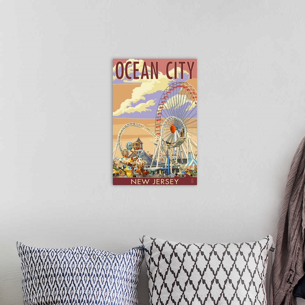 A bohemian room featuring Ocean City, New Jersey - Pier and Sunset: Retro Travel Poster