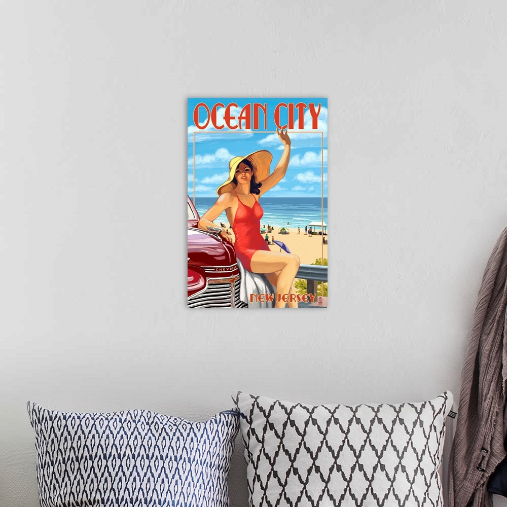 A bohemian room featuring Ocean City, New Jersey - Woman Waving: Retro Travel Poster