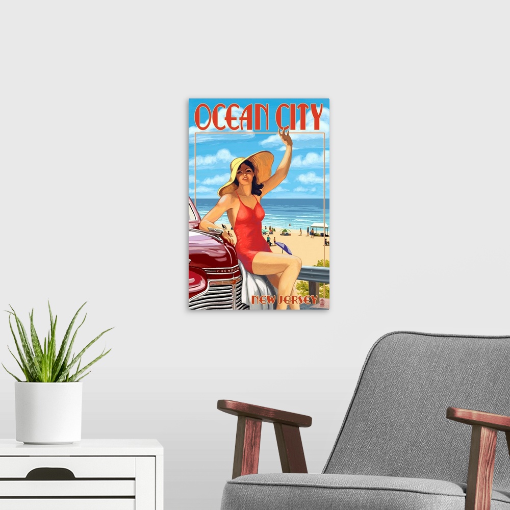 A modern room featuring Ocean City, New Jersey - Woman Waving: Retro Travel Poster