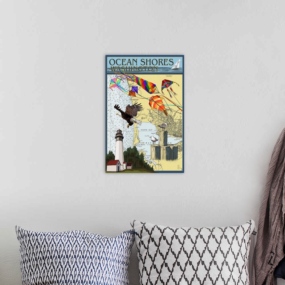 A bohemian room featuring Ocean Shores, Washington - Nautical Chart: Retro Travel Poster
