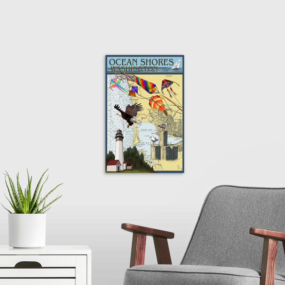 A modern room featuring Ocean Shores, Washington - Nautical Chart: Retro Travel Poster