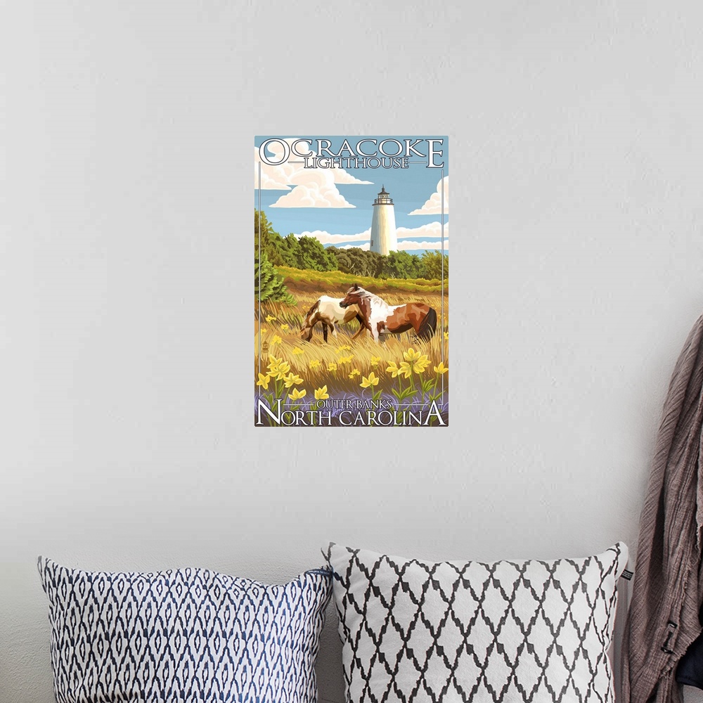A bohemian room featuring Ocracoke Lighthouse - Outer Banks, North Carolina: Retro Travel Poster