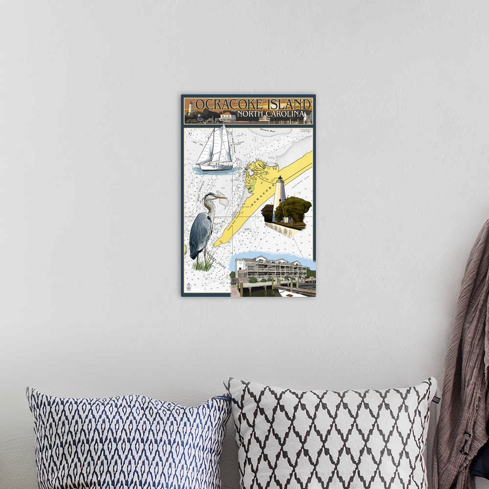 A bohemian room featuring Ocracoke, Outer Banks, North Carolina - Nautical Chart: Retro Travel Poster