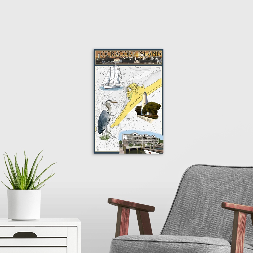 A modern room featuring Ocracoke, Outer Banks, North Carolina - Nautical Chart: Retro Travel Poster