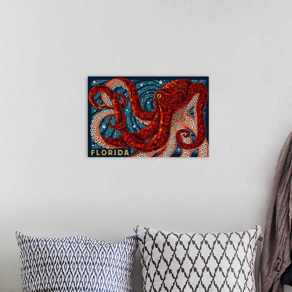 A bohemian room featuring Octopus Paper Mosaic - Florida: Retro Travel Poster