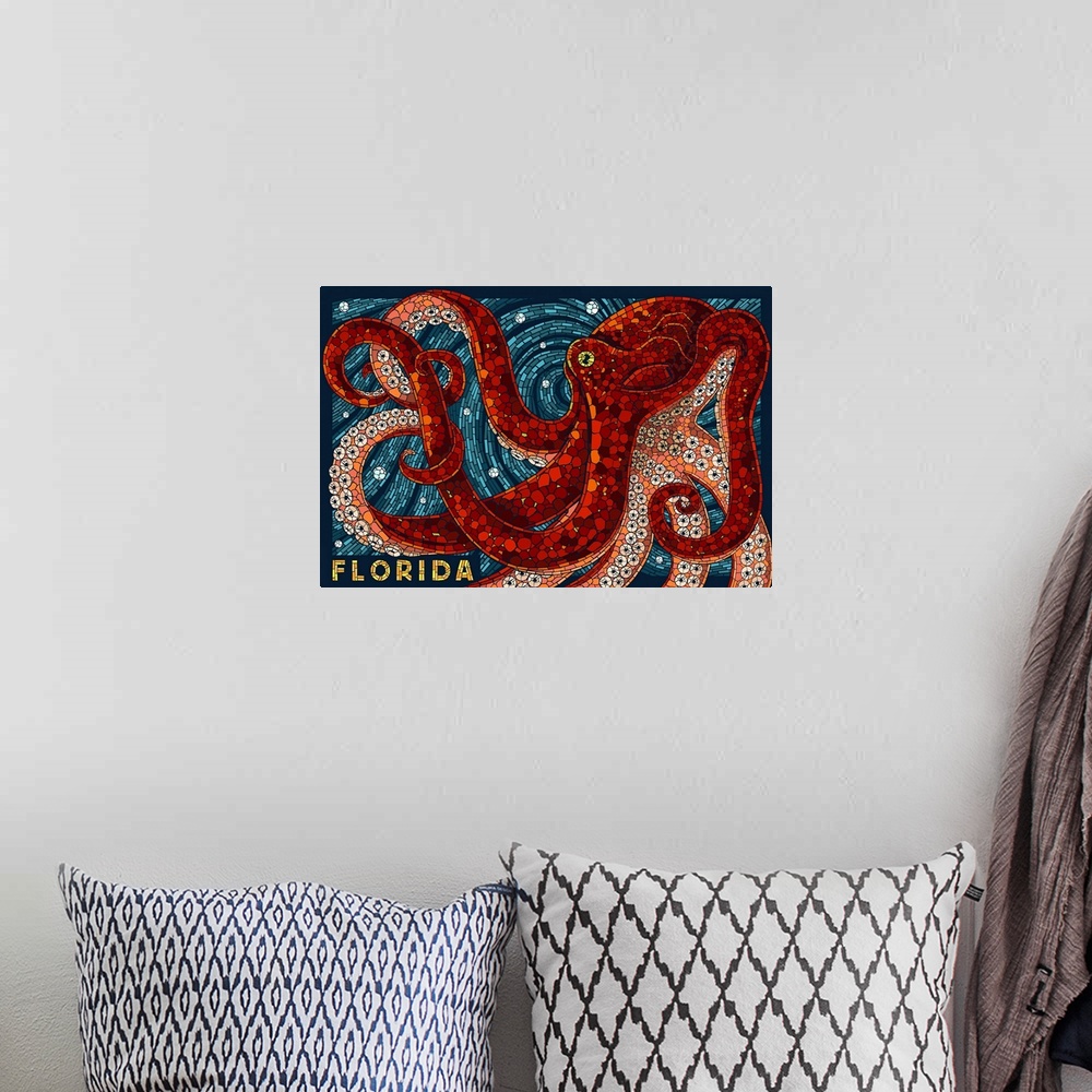 A bohemian room featuring Octopus Paper Mosaic - Florida: Retro Travel Poster