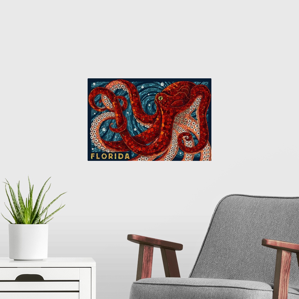 A modern room featuring Octopus Paper Mosaic - Florida: Retro Travel Poster