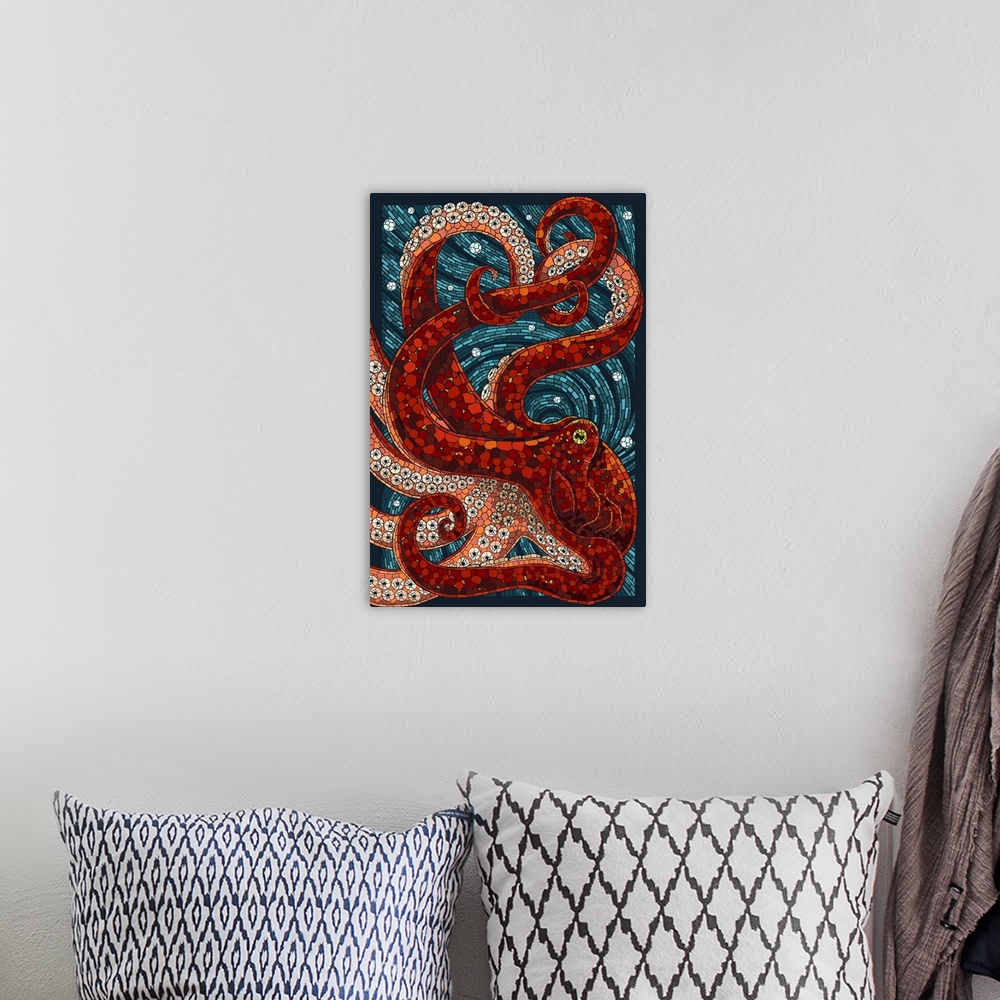 A bohemian room featuring An intricately flowing mosaic-style image of a large red octopus fills the entire picture. Compli...