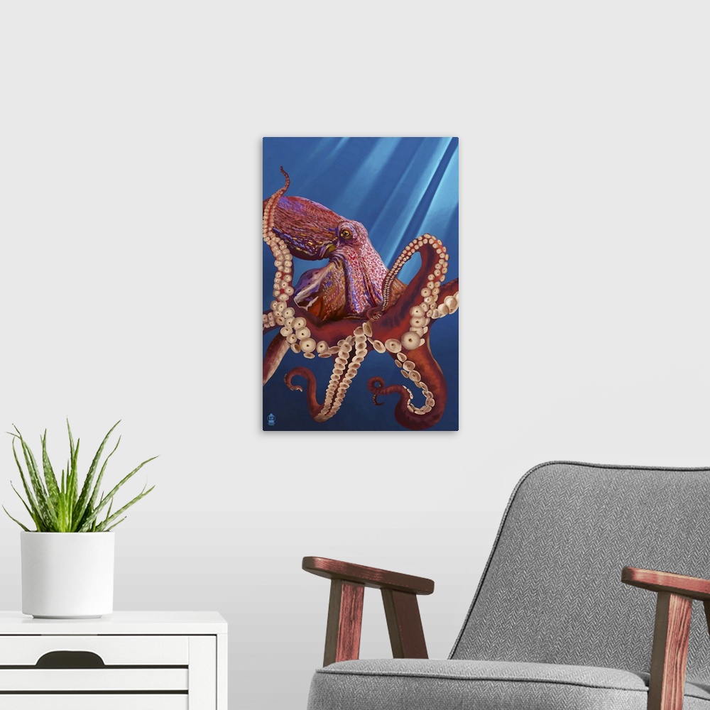 A modern room featuring Retro stylized art poster of an octopus hovering in the ocean, with sun rays piercing the water.