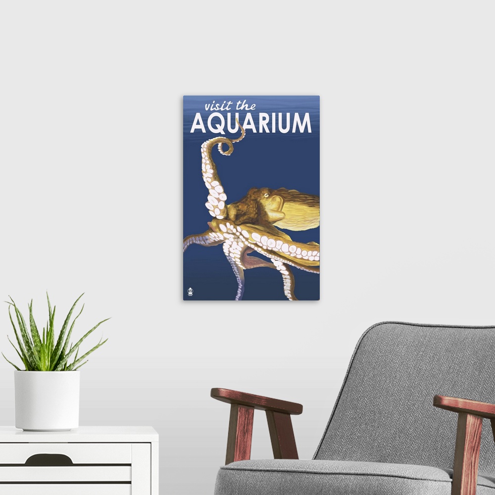 A modern room featuring Octopus - Visit the Aquarium: Retro Travel Poster