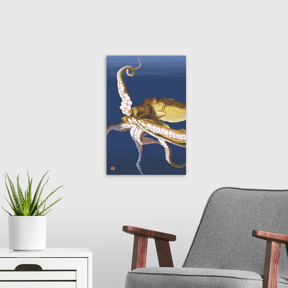 A modern room featuring Octopus (Yellow): Retro Travel Poster