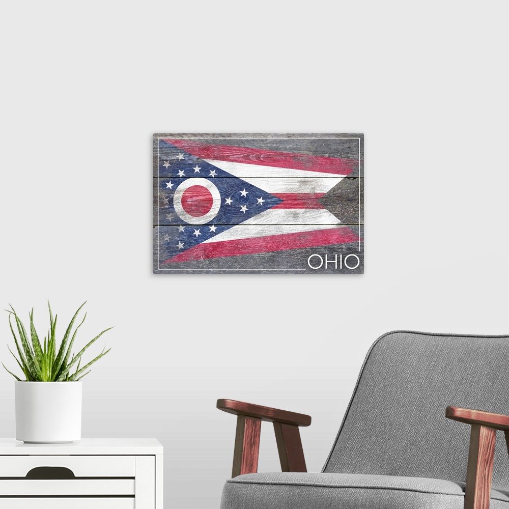 A modern room featuring The flag of Ohio with a weathered wooden board effect.