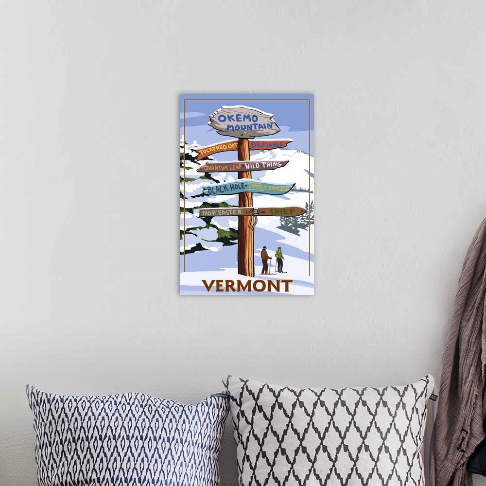 A bohemian room featuring Okemo Mountain Resort, Vermont - Ski Sign Destinations: Retro Travel Poster