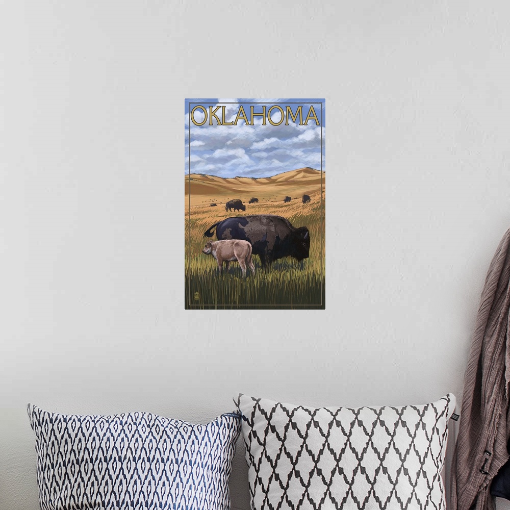 A bohemian room featuring Oklahoma - Buffalo and Calf: Retro Travel Poster