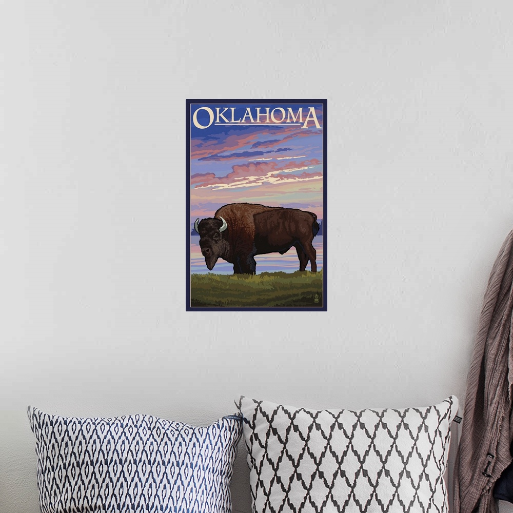 A bohemian room featuring Oklahoma - Buffalo and Sunset: Retro Travel Poster