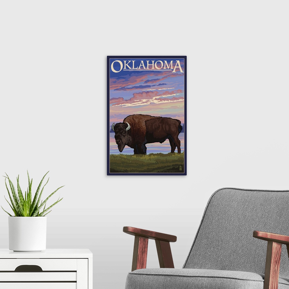 A modern room featuring Oklahoma - Buffalo and Sunset: Retro Travel Poster