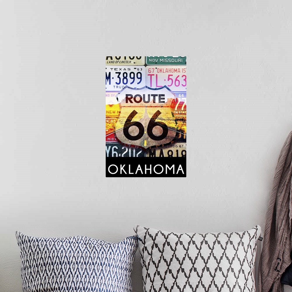 A bohemian room featuring Oklahoma, Route 66 License Plates