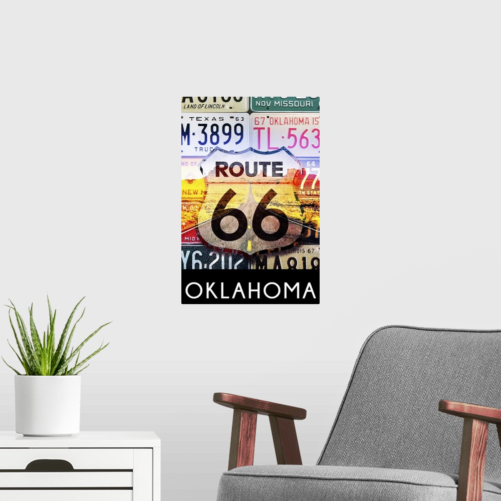 A modern room featuring Oklahoma, Route 66 License Plates
