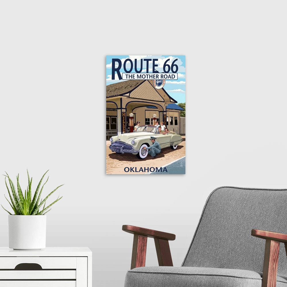 A modern room featuring Oklahoma, Route 66, Service Station