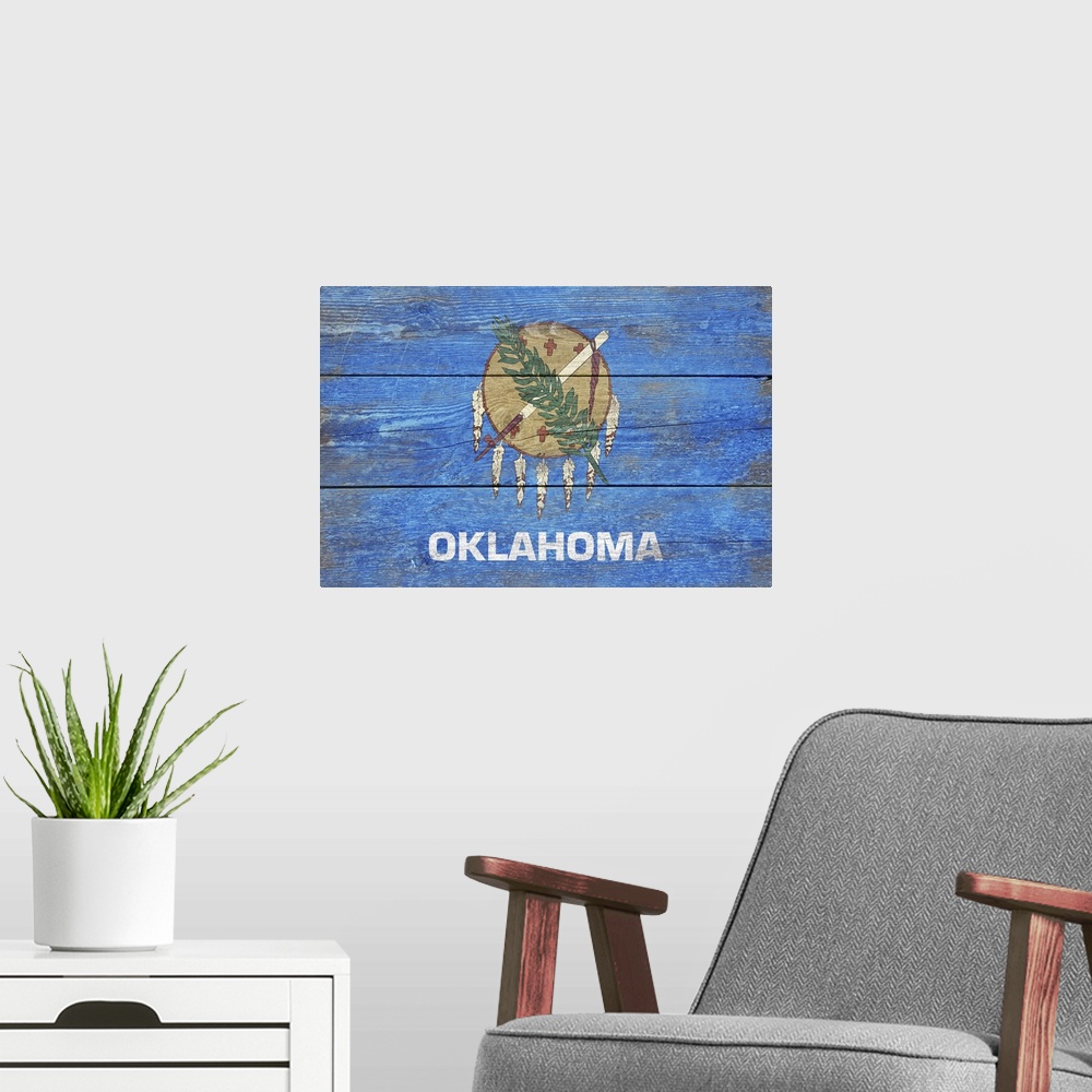 A modern room featuring The flag of Oklahoma with a weathered wooden board effect.