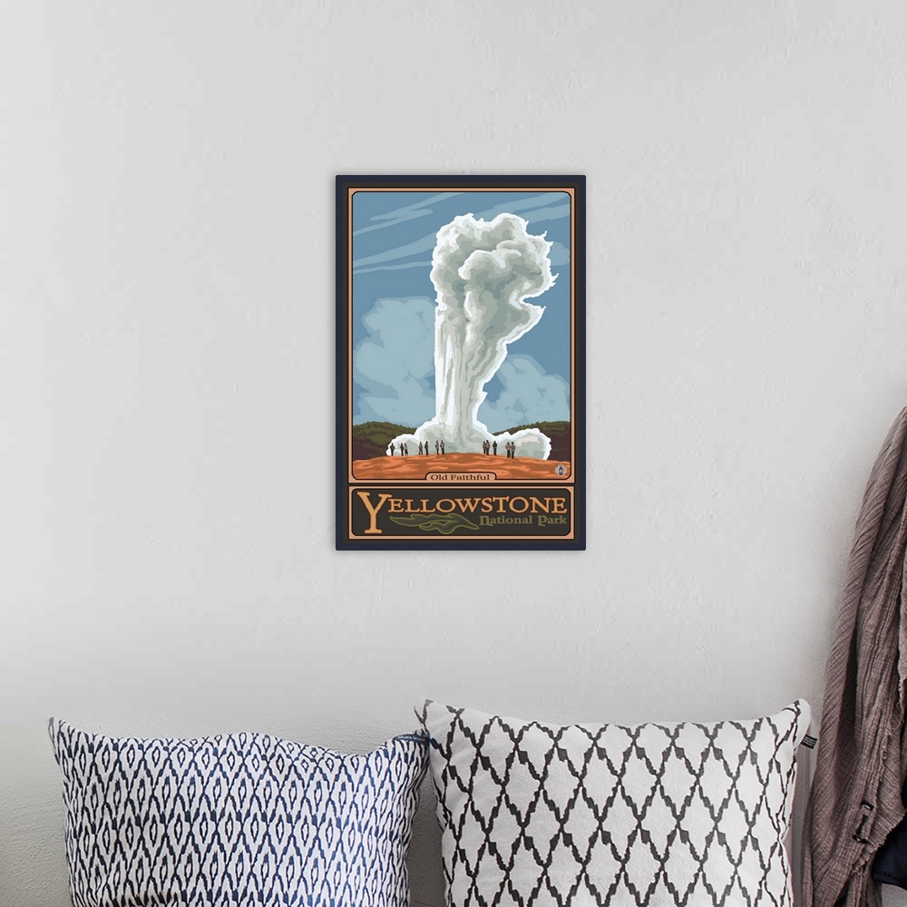 A bohemian room featuring Old Faithful Geyser - Yellowstone National Park: Retro Travel Poster