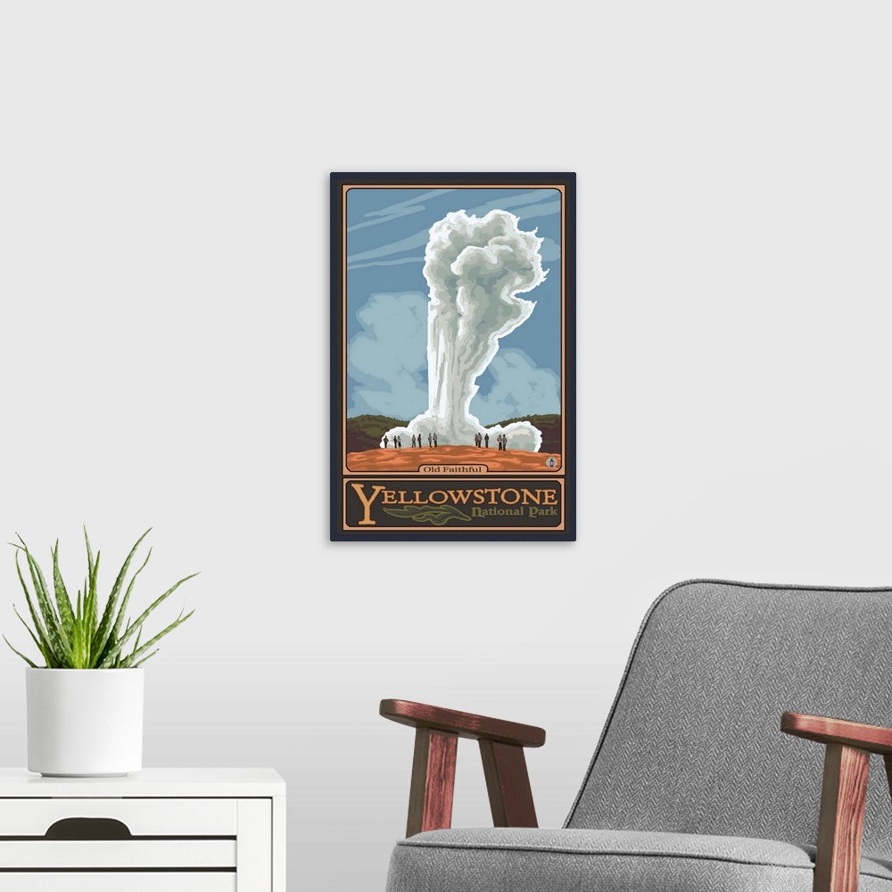 A modern room featuring Old Faithful Geyser - Yellowstone National Park: Retro Travel Poster