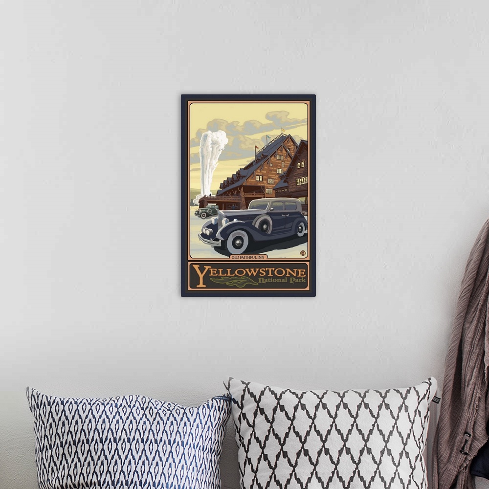A bohemian room featuring Old Faithful Inn - Yellowstone National Park: Retro Travel Poster