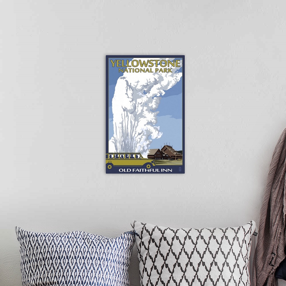 A bohemian room featuring Old Faithful Lodge and Bus - Yellowstone National Park: Retro Travel Poster