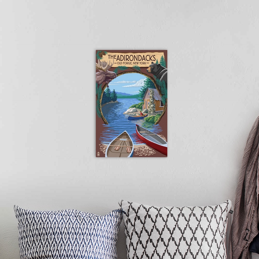 A bohemian room featuring Old Forge, New York - The Adirondacks Scene: Retro Travel Poster