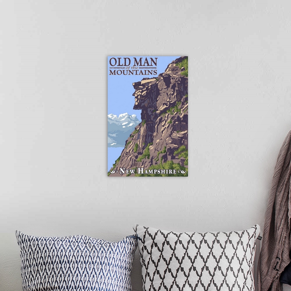 A bohemian room featuring Old Man of the Mountains - New Hampshire: Retro Travel Poster