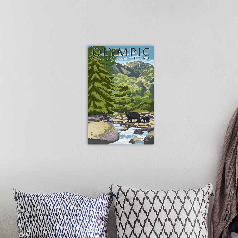 A bohemian room featuring Olympic National Park, Bear And Cub Crossing River: Retro Travel Poster