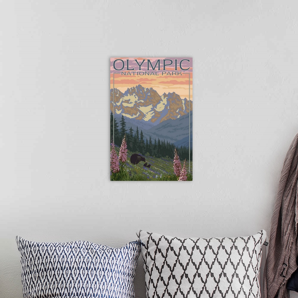 A bohemian room featuring Olympic National Park - Bear Family and Spring Flowers: Retro Travel Poster