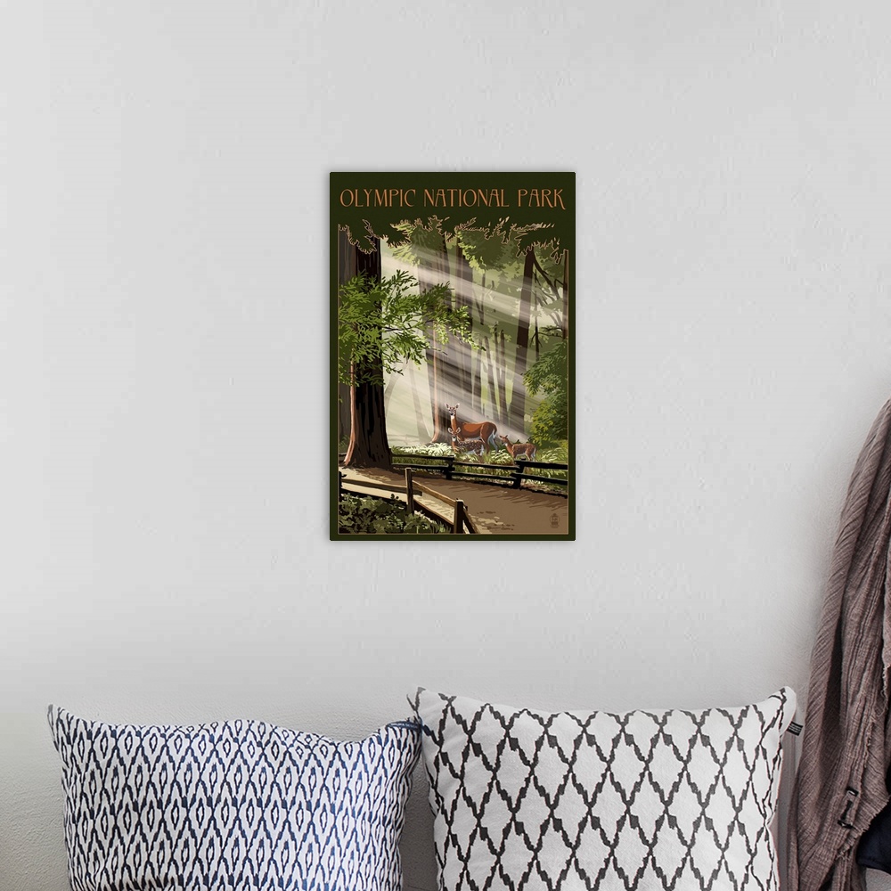 A bohemian room featuring Olympic National Park, Deer And Fawns: Retro Travel Poster