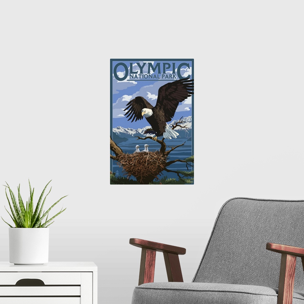 A modern room featuring Retro stylized art poster of an American bald eagle landing to its nest of hatchlings.