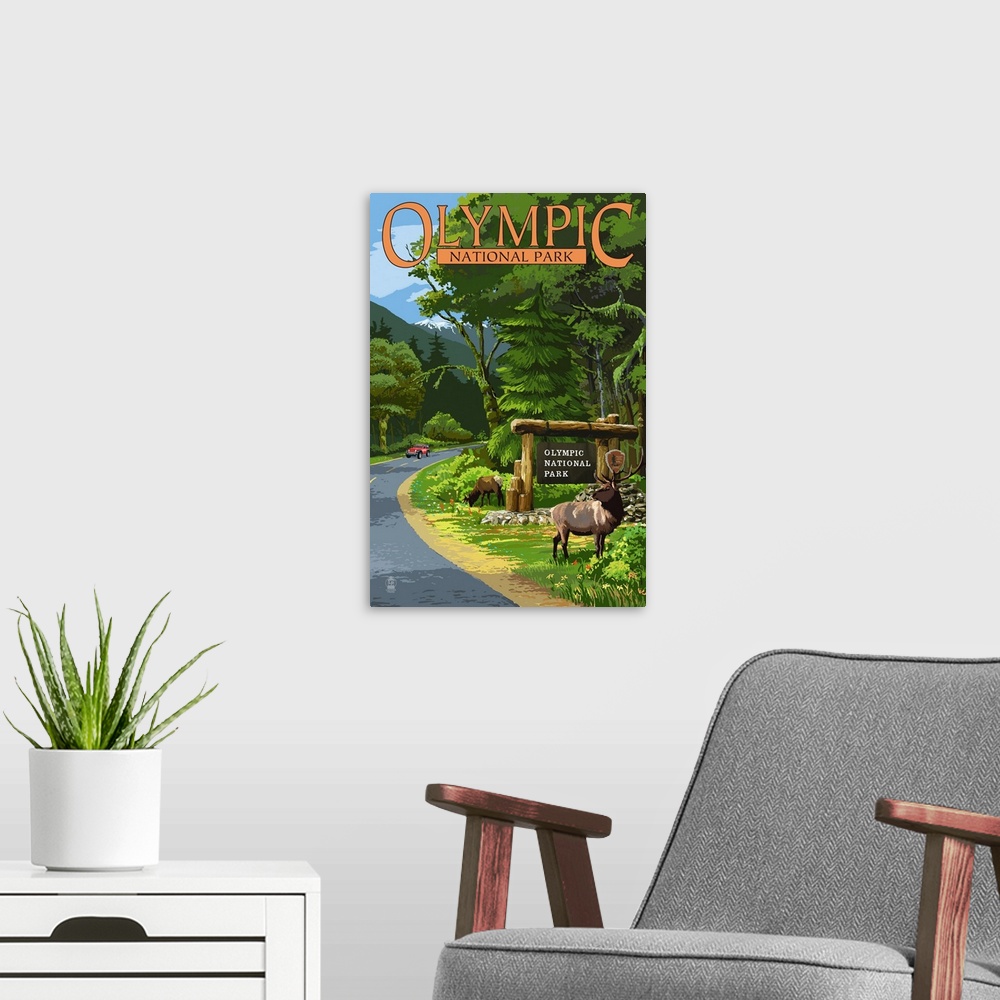 A modern room featuring Olympic National Park, Elks Grazing: Retro Travel Poster