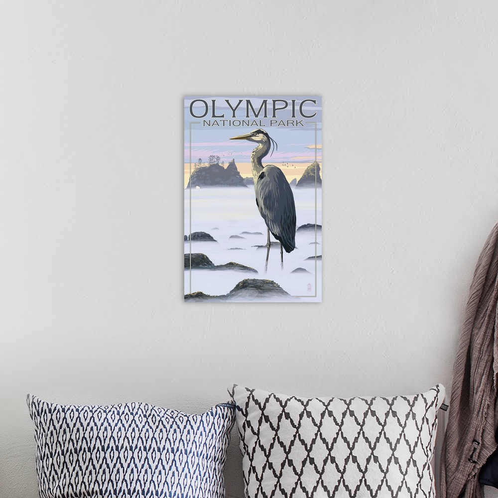 A bohemian room featuring Olympic National Park - Heron and Fog Shorline: Retro Travel Poster