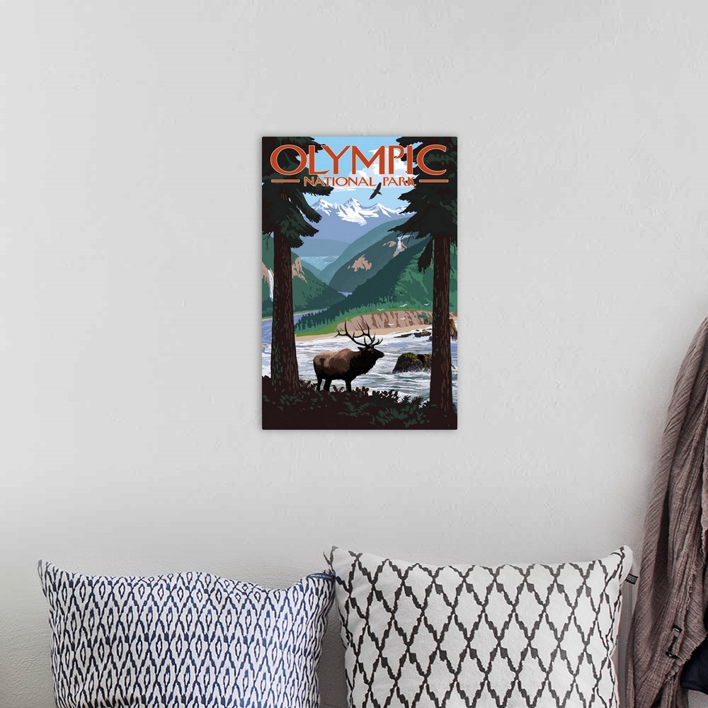 A bohemian room featuring Olympic National Park, Moose In Wilderness: Retro Travel Poster